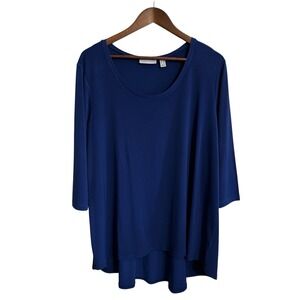 Susan Graver liquid knit top women's 1X navy 3/4 sleeve U-Neck hi low peplum